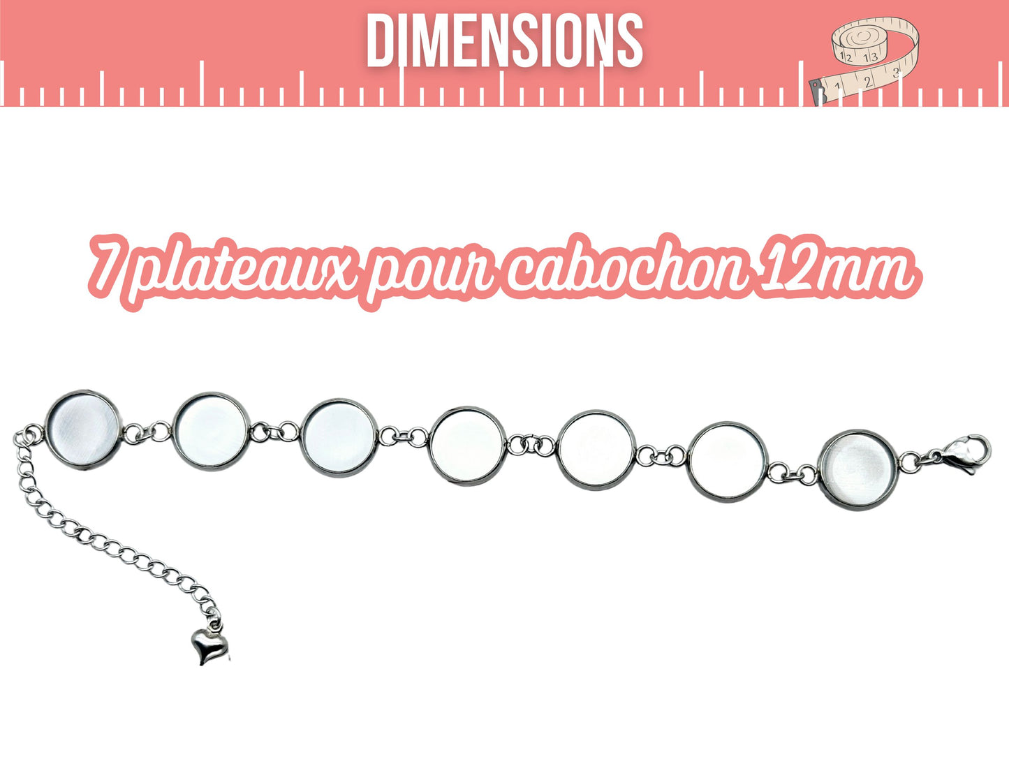2 bracelets 7 plateaux cabochon 12mm acier inoxydable