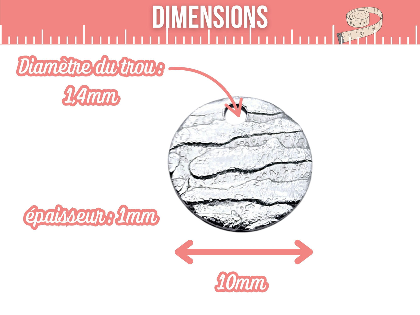 10 breloques rondes plates texturées 10mm