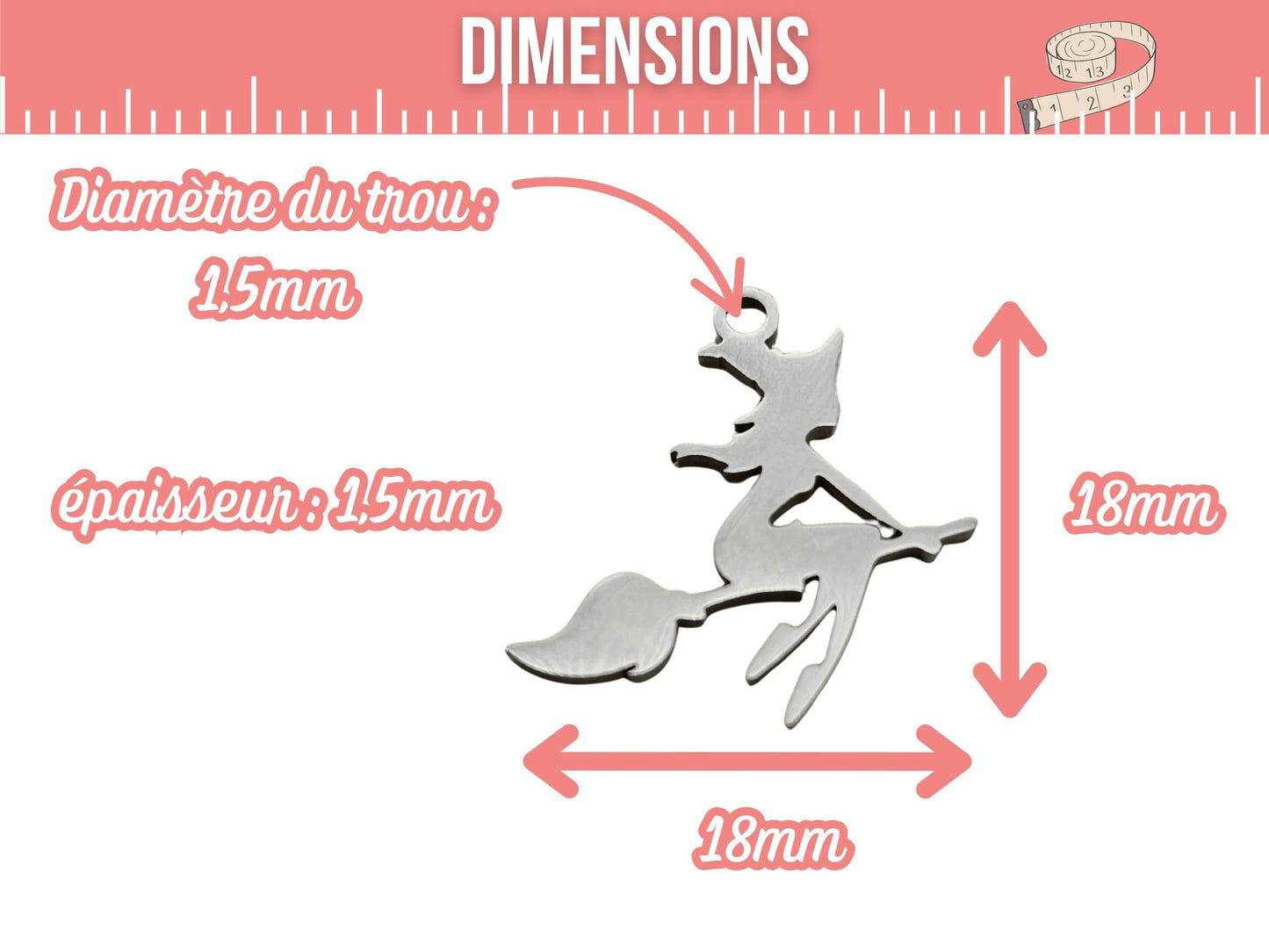 5 breloques sorcière sur balai halloween acier inoxydable