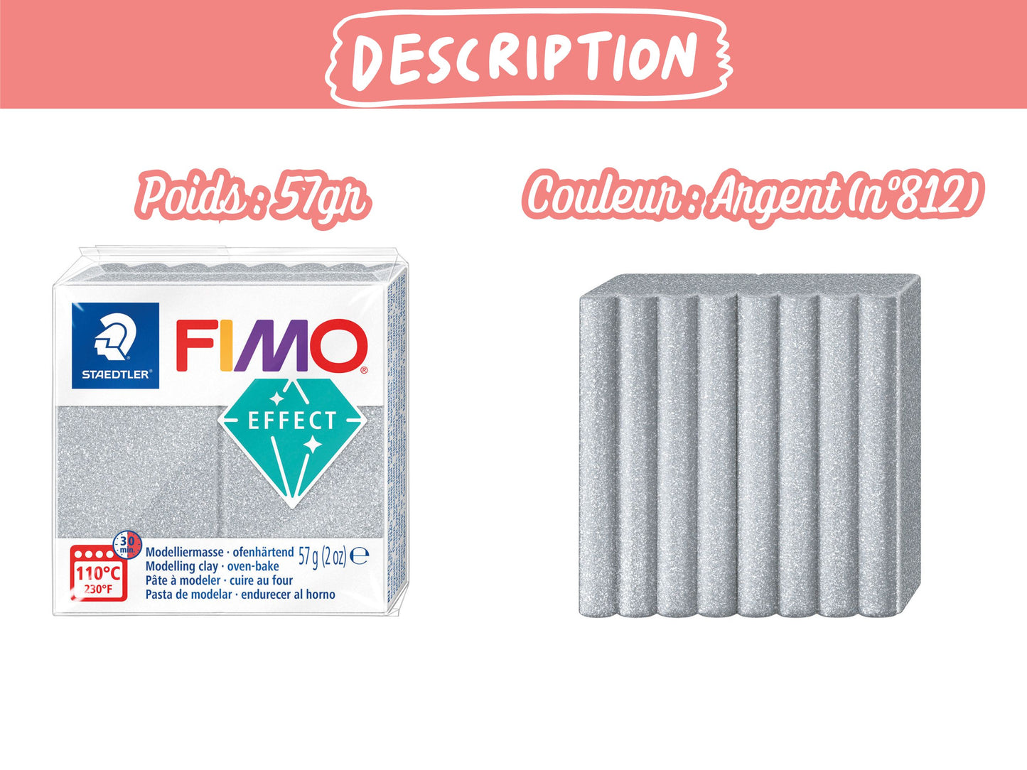 Pâte Fimo Effect pailleté 57g – Argent n°812