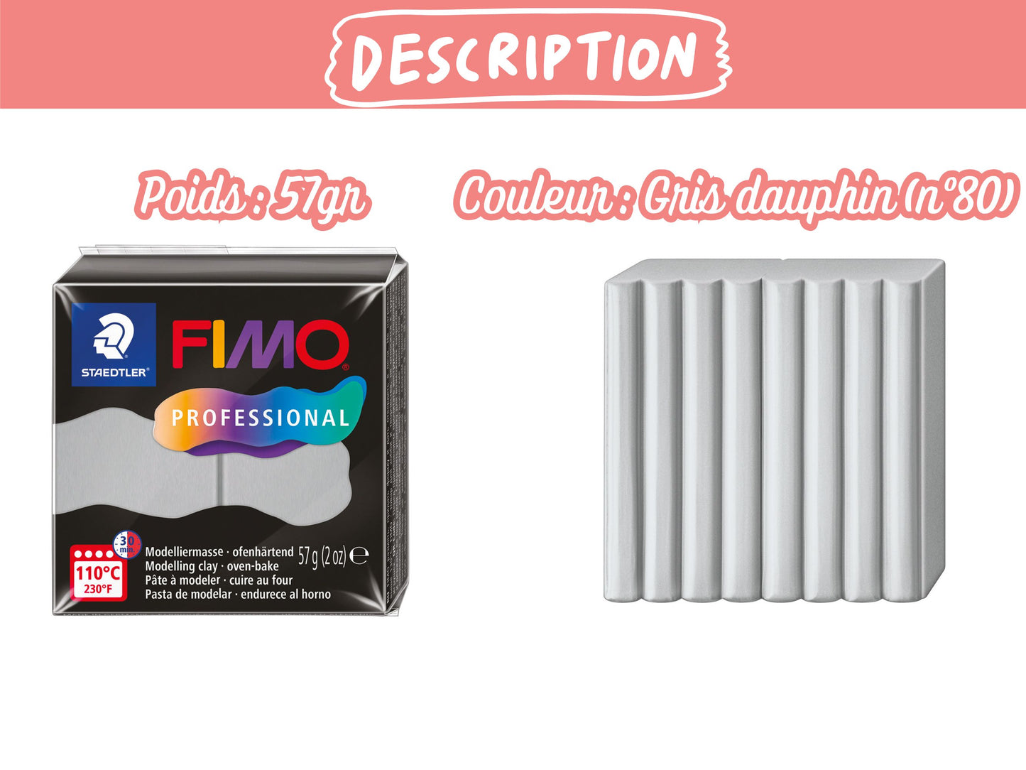 Pâte Fimo Professional 57g – Gris dauphin n°80