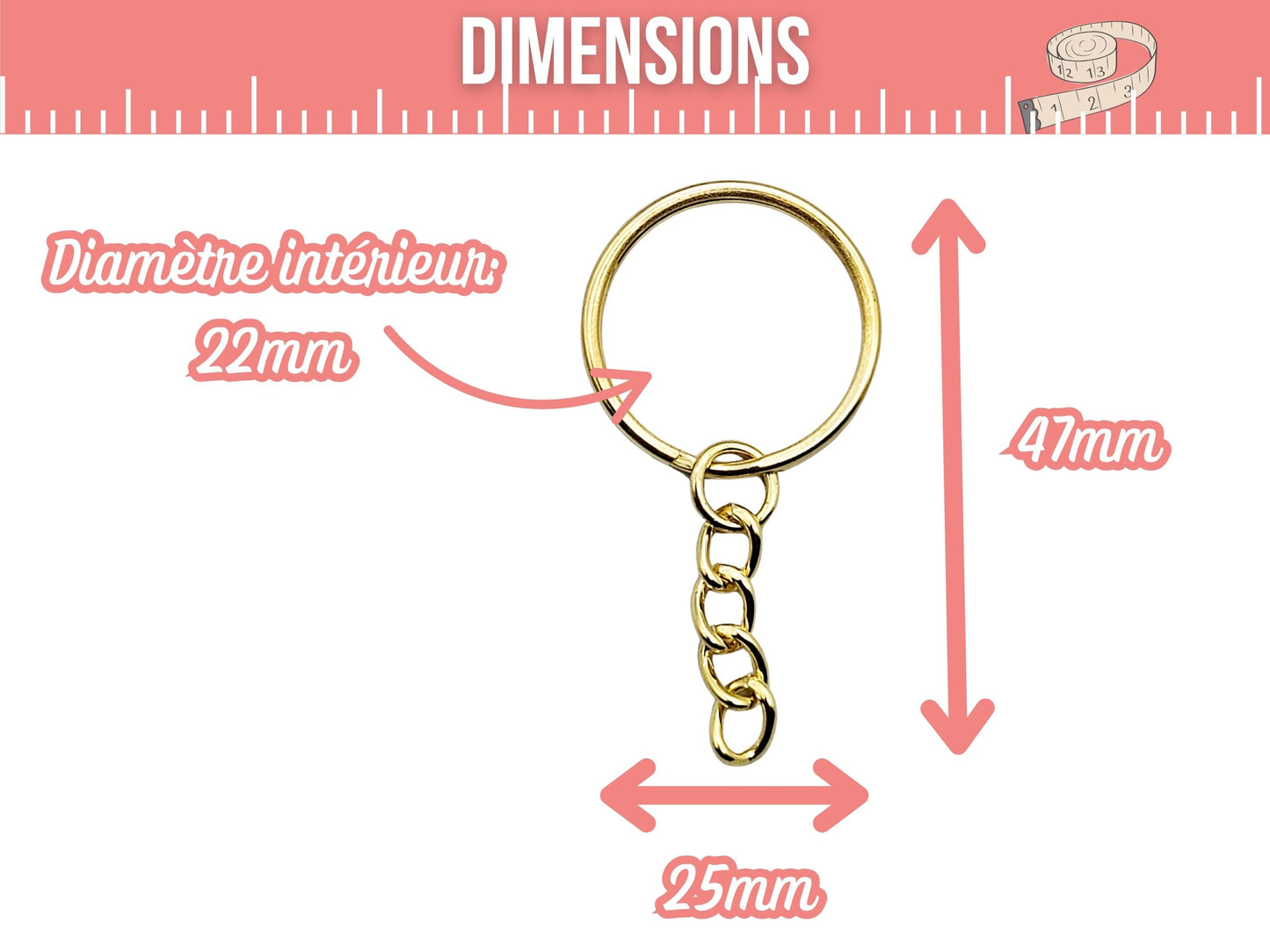 20 anneaux porte-clés avec chaînette – Coloris or