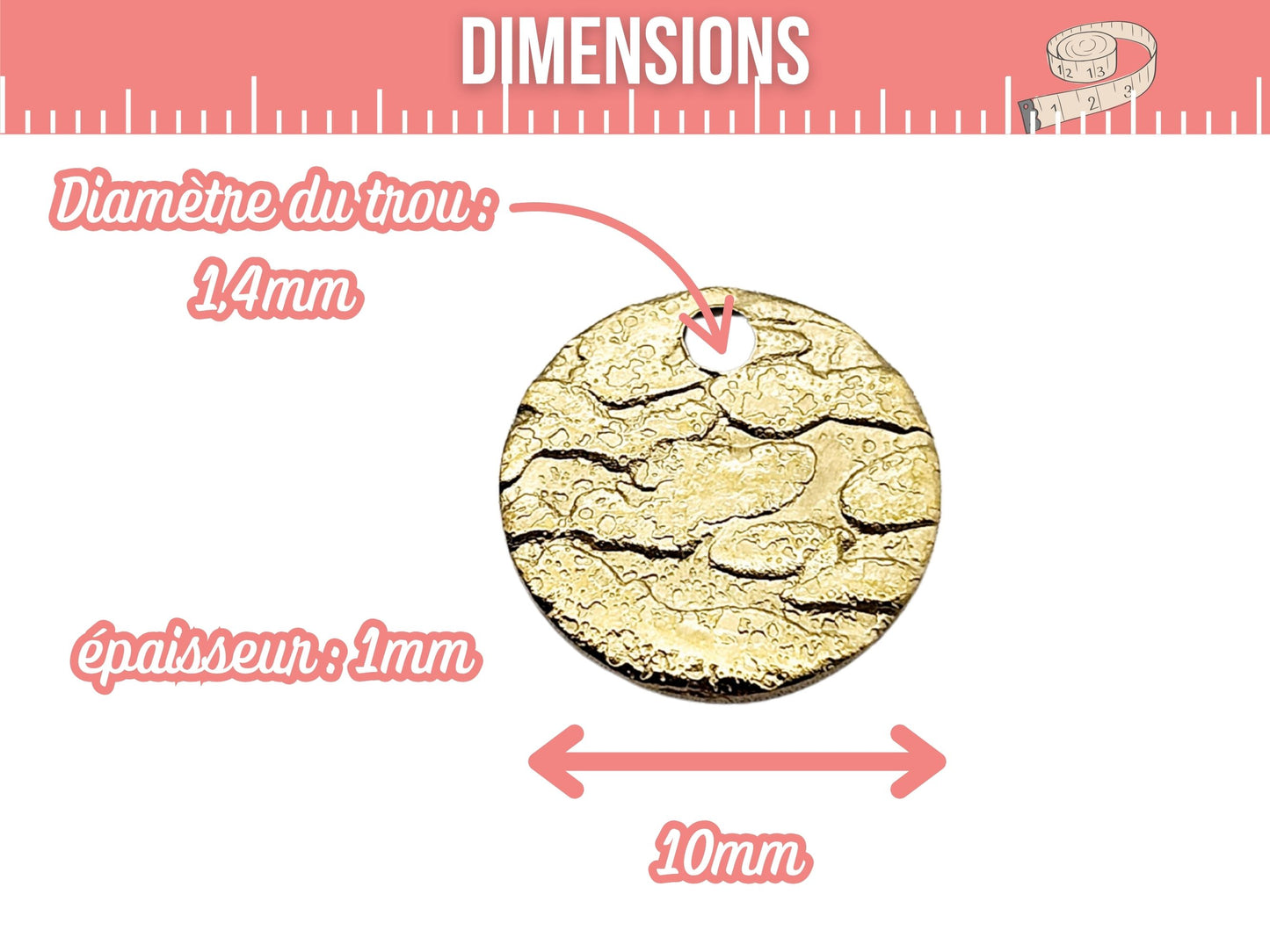 10 breloques rondes plates texturées 10mm acier inoxydable doré