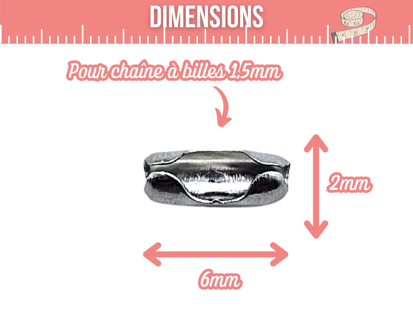 100 fermoirs connecteurs chaîne à billes 1,5mm
