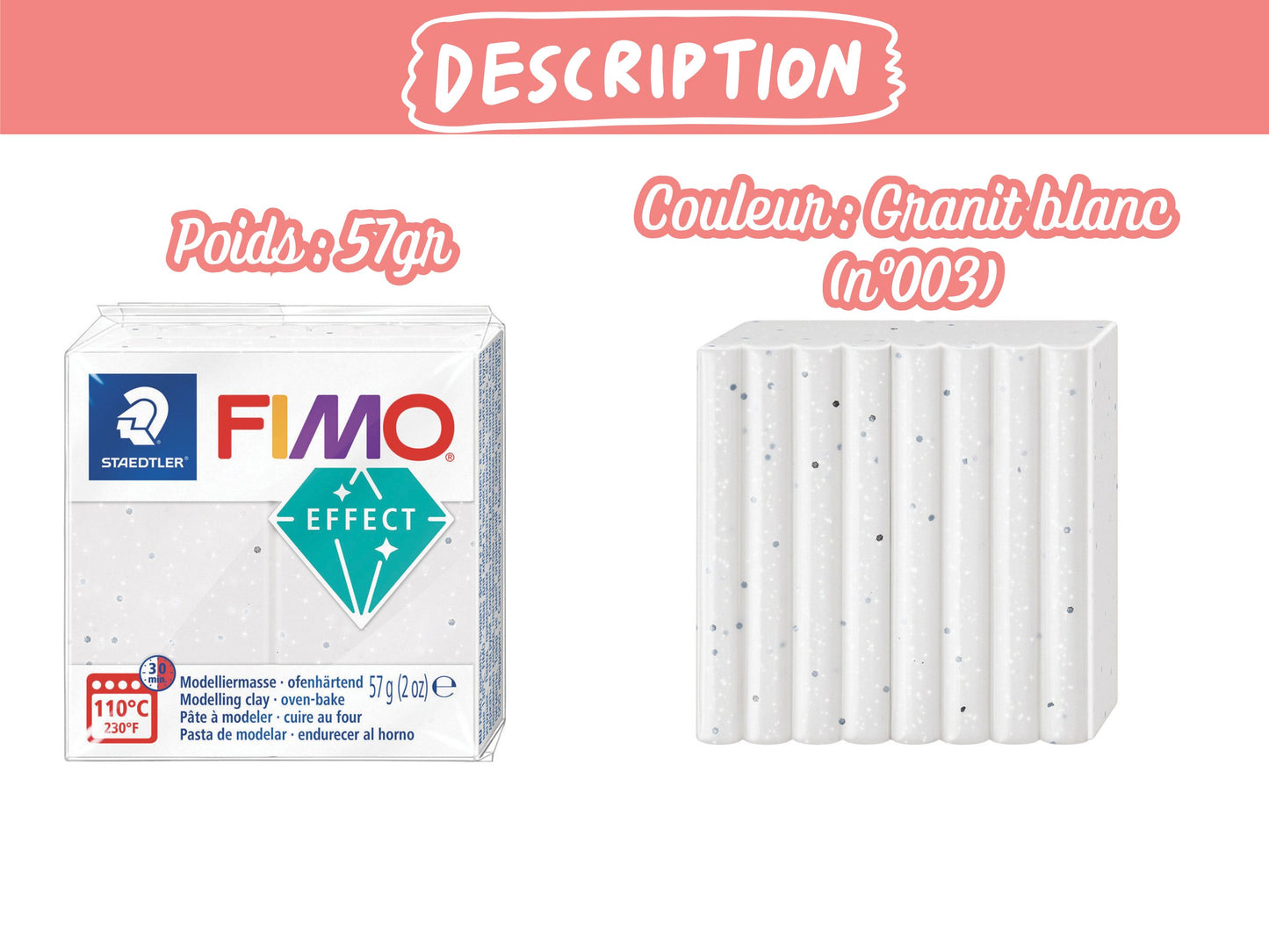 Pâte Fimo Effect pierre 57g – Granit blanc n°003
