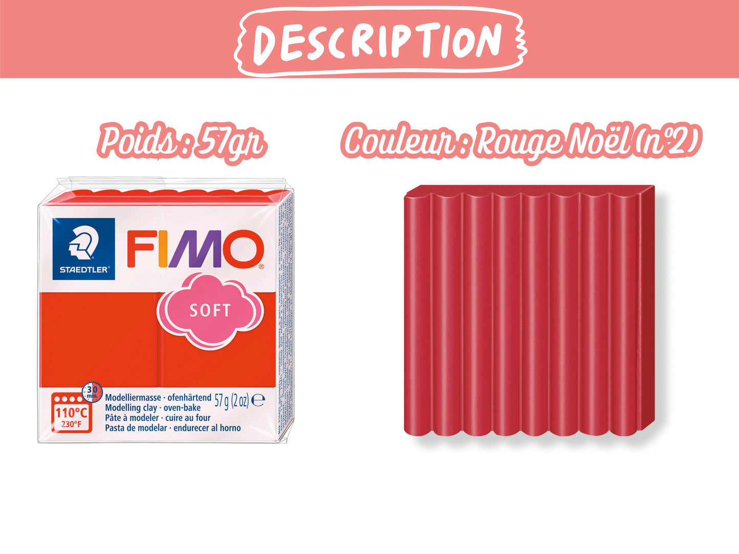 Pâte Fimo Soft 57g – Rouge Noël n°2