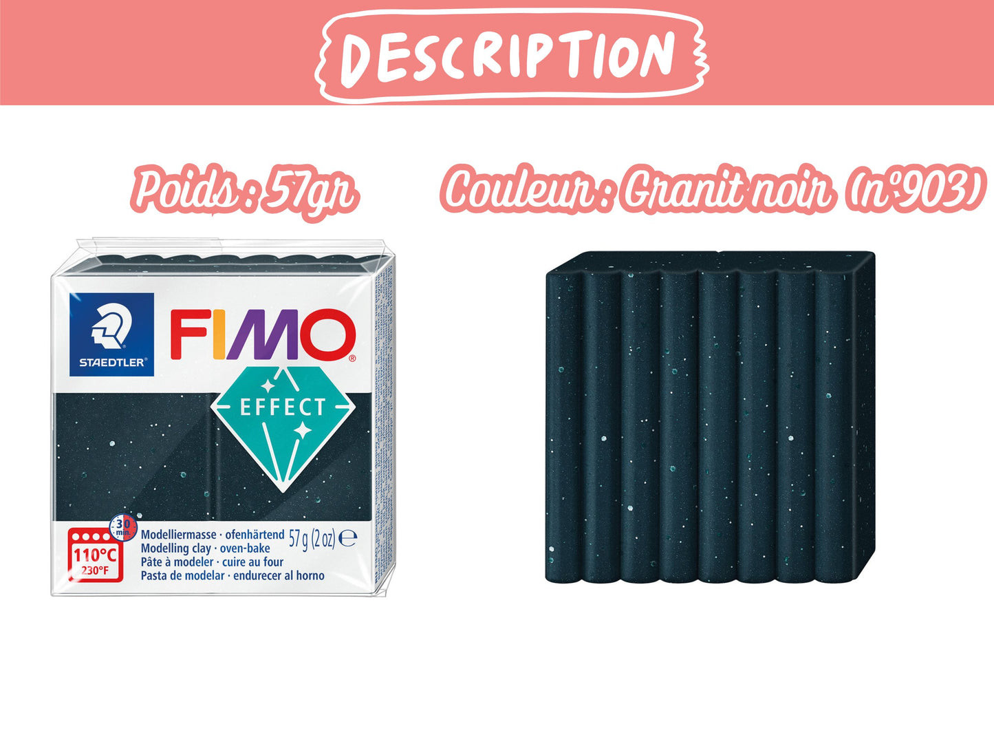 Pâte Fimo Effect pierre 57g – Granit noir n°903