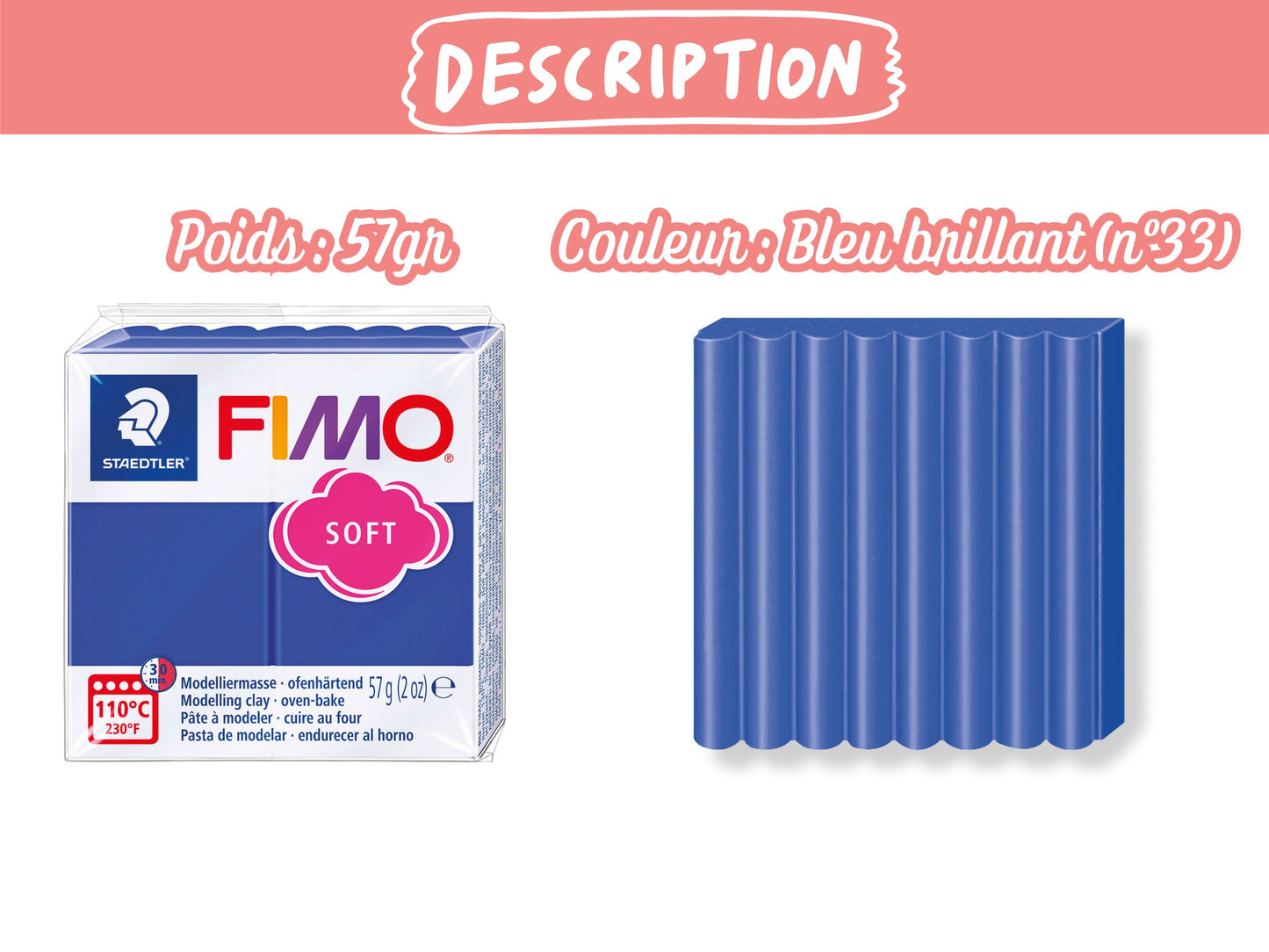 Pâte Fimo Soft 57g – Bleu brillant n°33