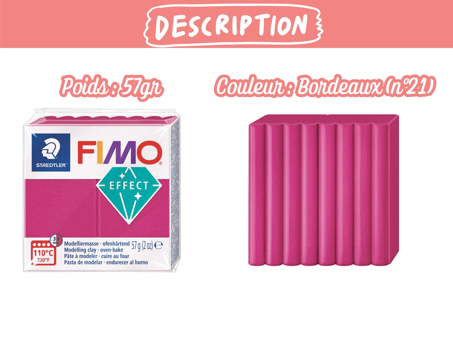Pâte Fimo Effect métal 57g – Bordeaux n°21