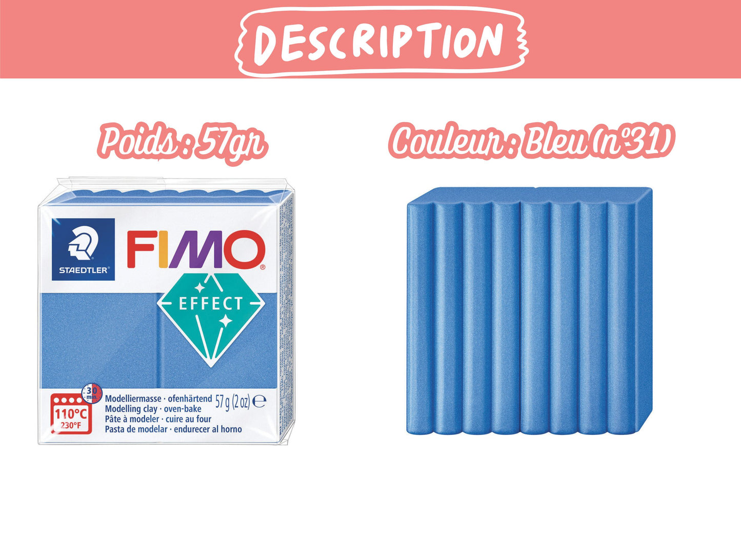Pâte Fimo Effect métal 57g – Bleu n°31