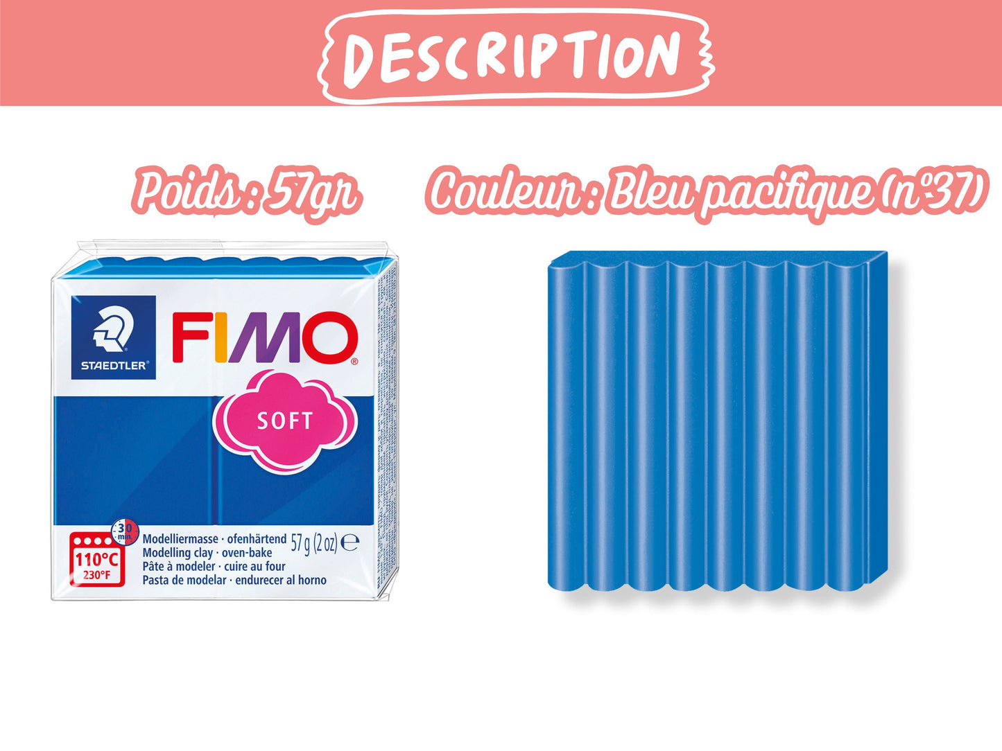 Pâte Fimo Soft 57g – Bleu pacifique n°37