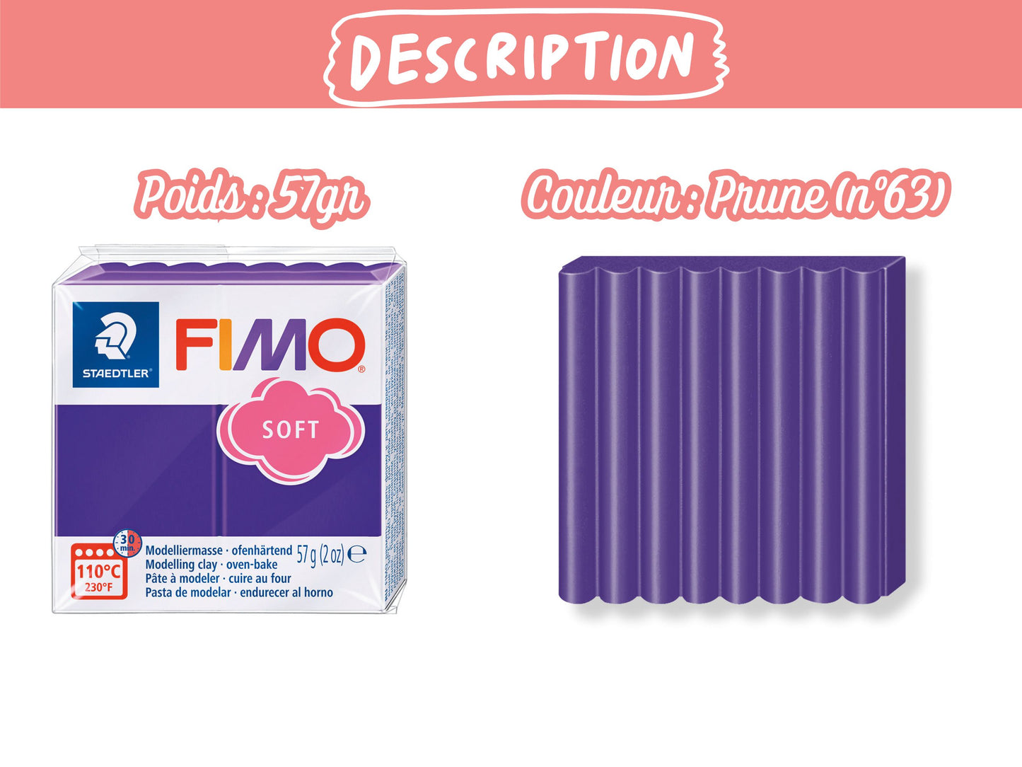 Pâte Fimo Soft 57g – Prune n°63