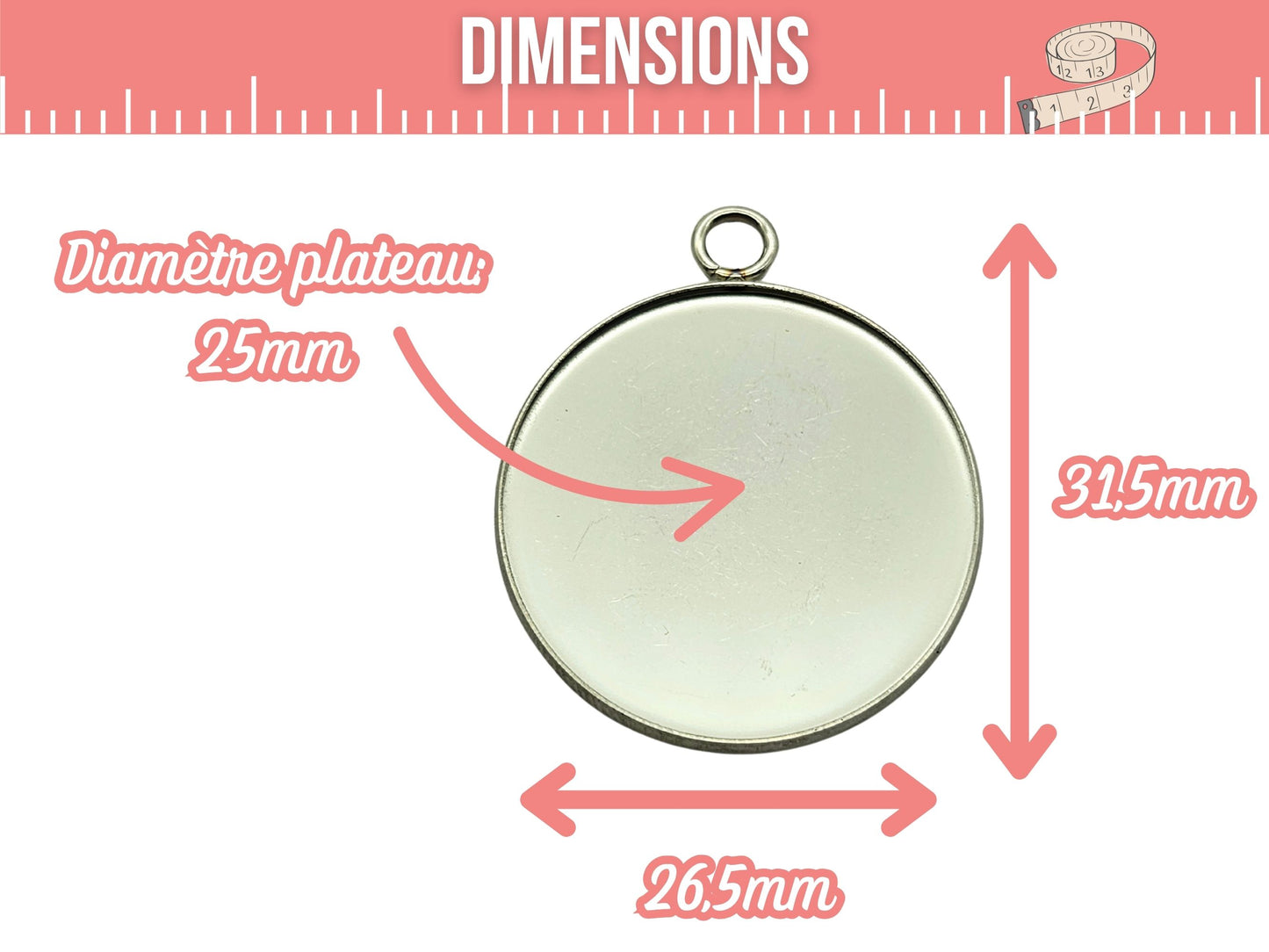 10 pendentifs plateau cabochon 25mm en acier inoxydable