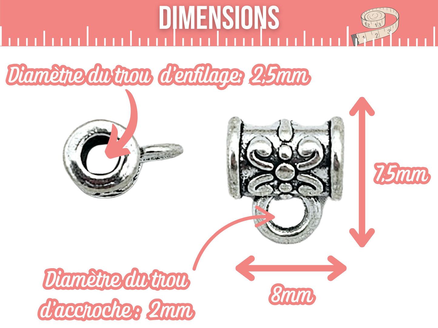 50 bélières cylindre papillon argent mat