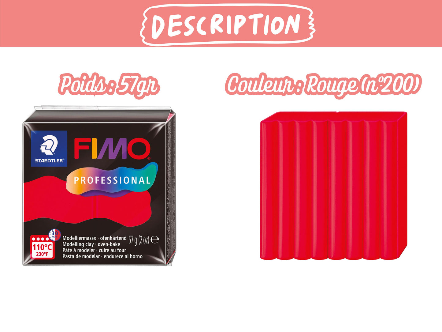 Pâte Fimo Professional 57g – Rouge n°200