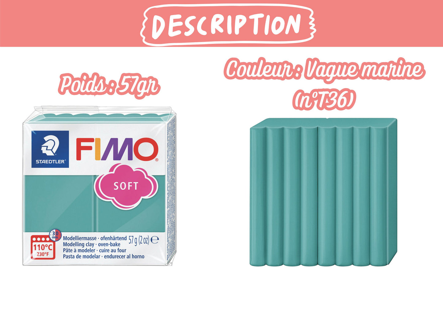 Pâte Fimo Soft 57g – Vague marine n°T36