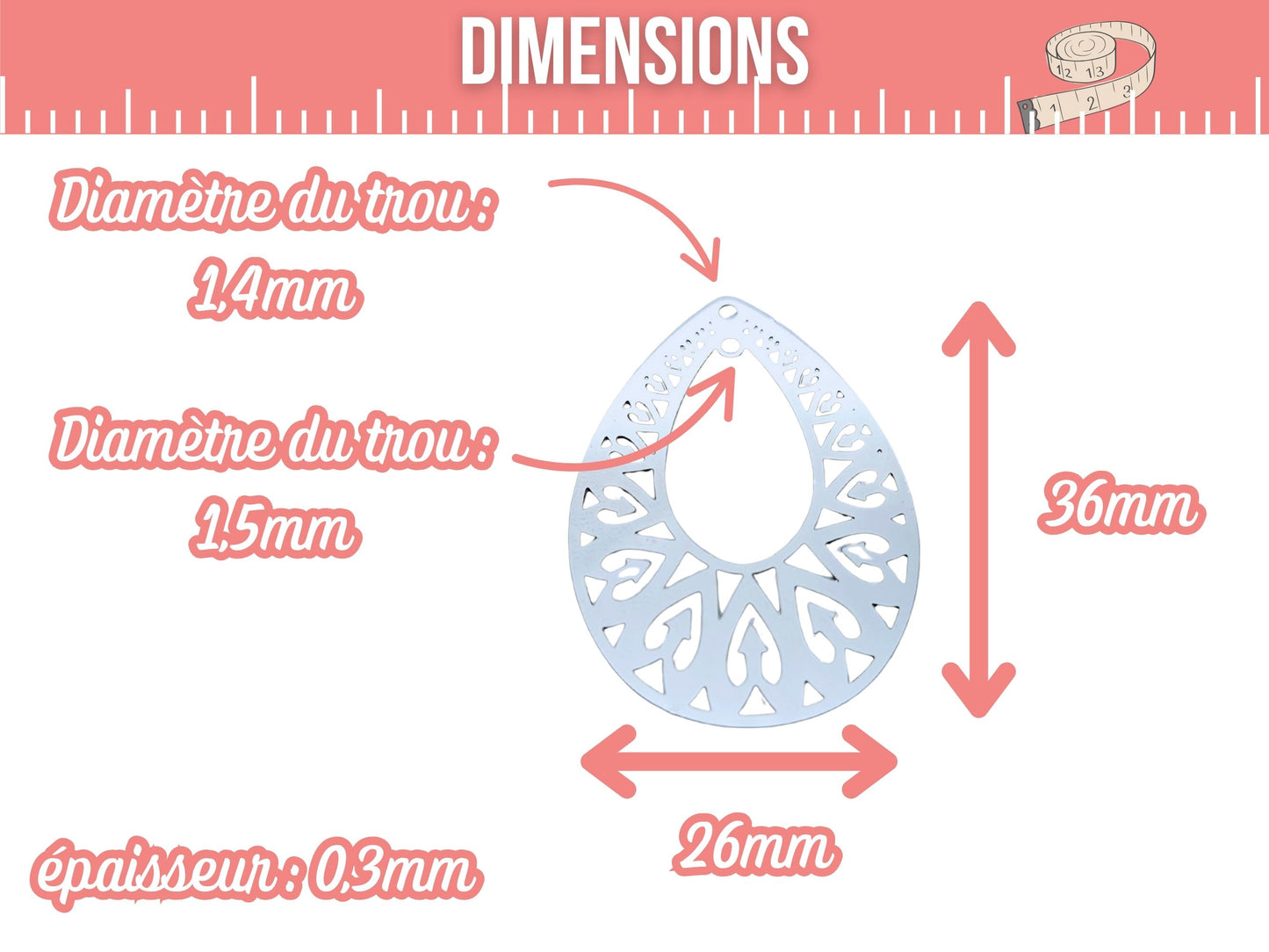 10 estampes ajourées coeurs forme goutte acier inoxydable