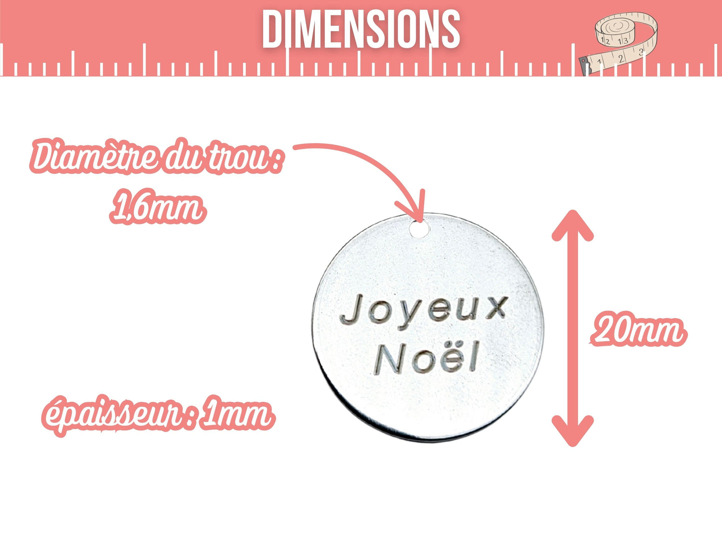 10 breloques Joyeux Noël rondes 2cm acier inoxydable