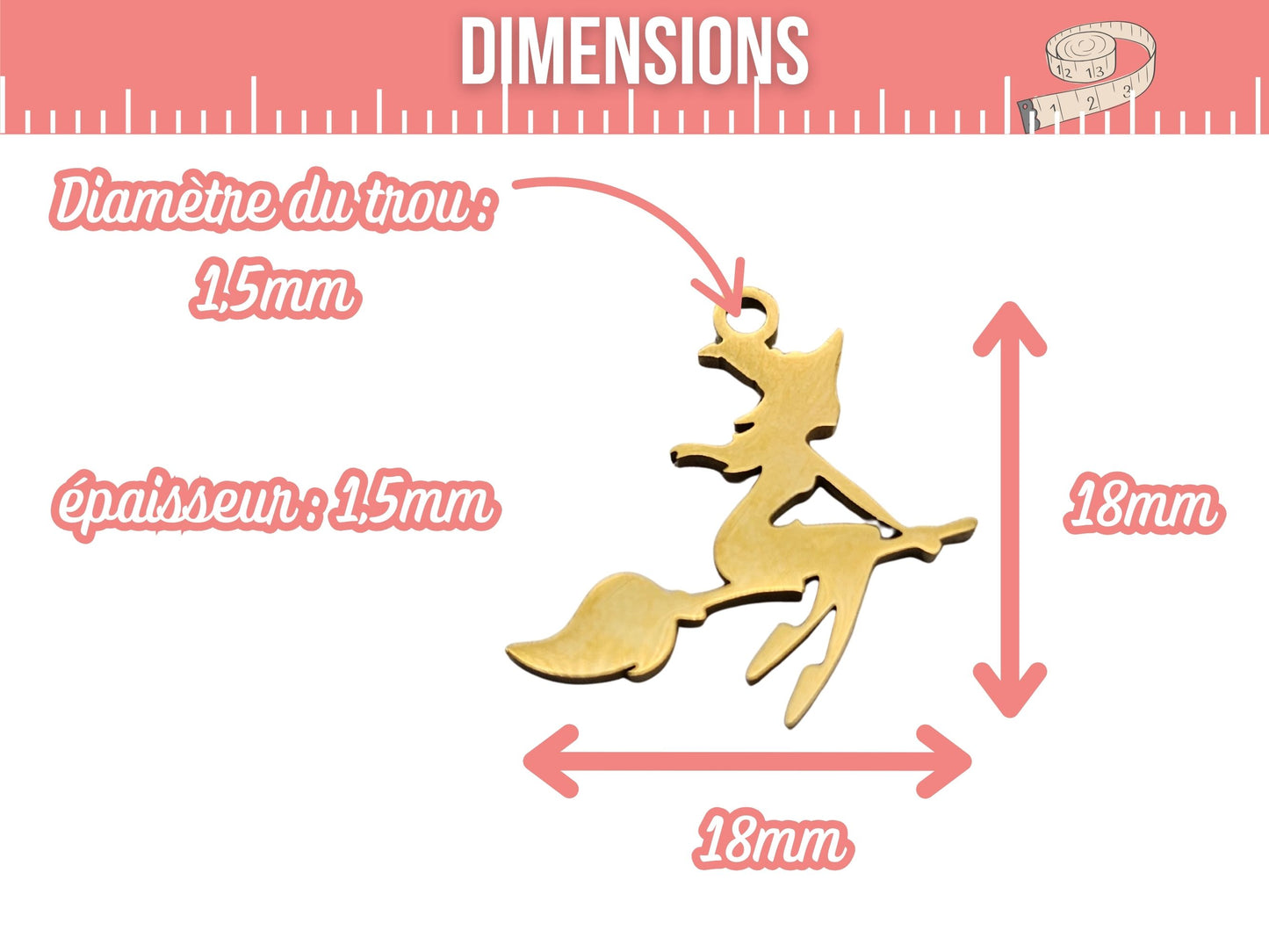 5 breloques sorcière sur balai halloween acier inoxydable doré