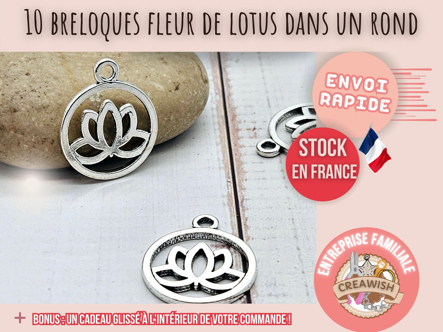 10 breloques fleur de lotus dans un rond