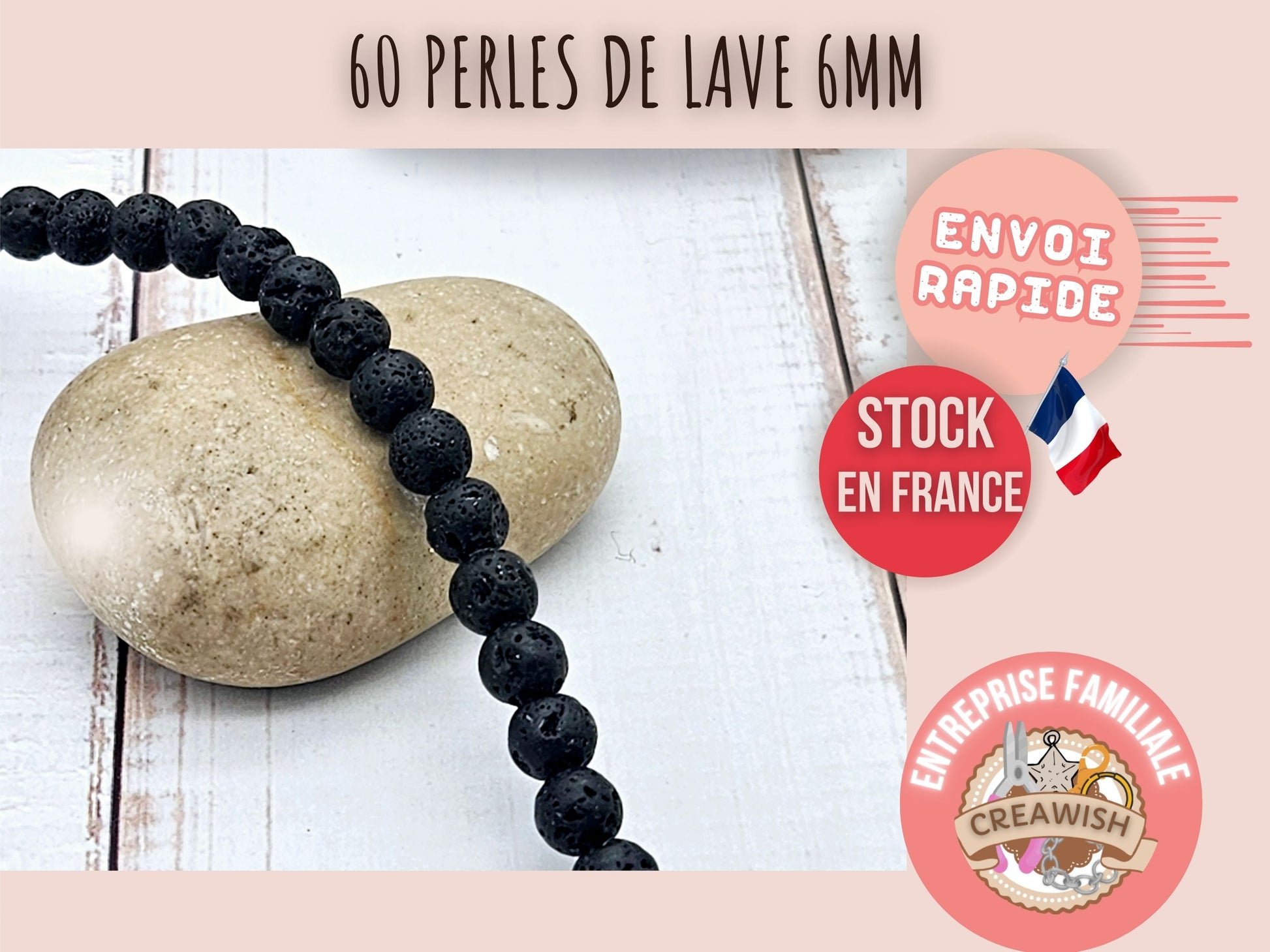 60 perles de lave rondes noires 6mm