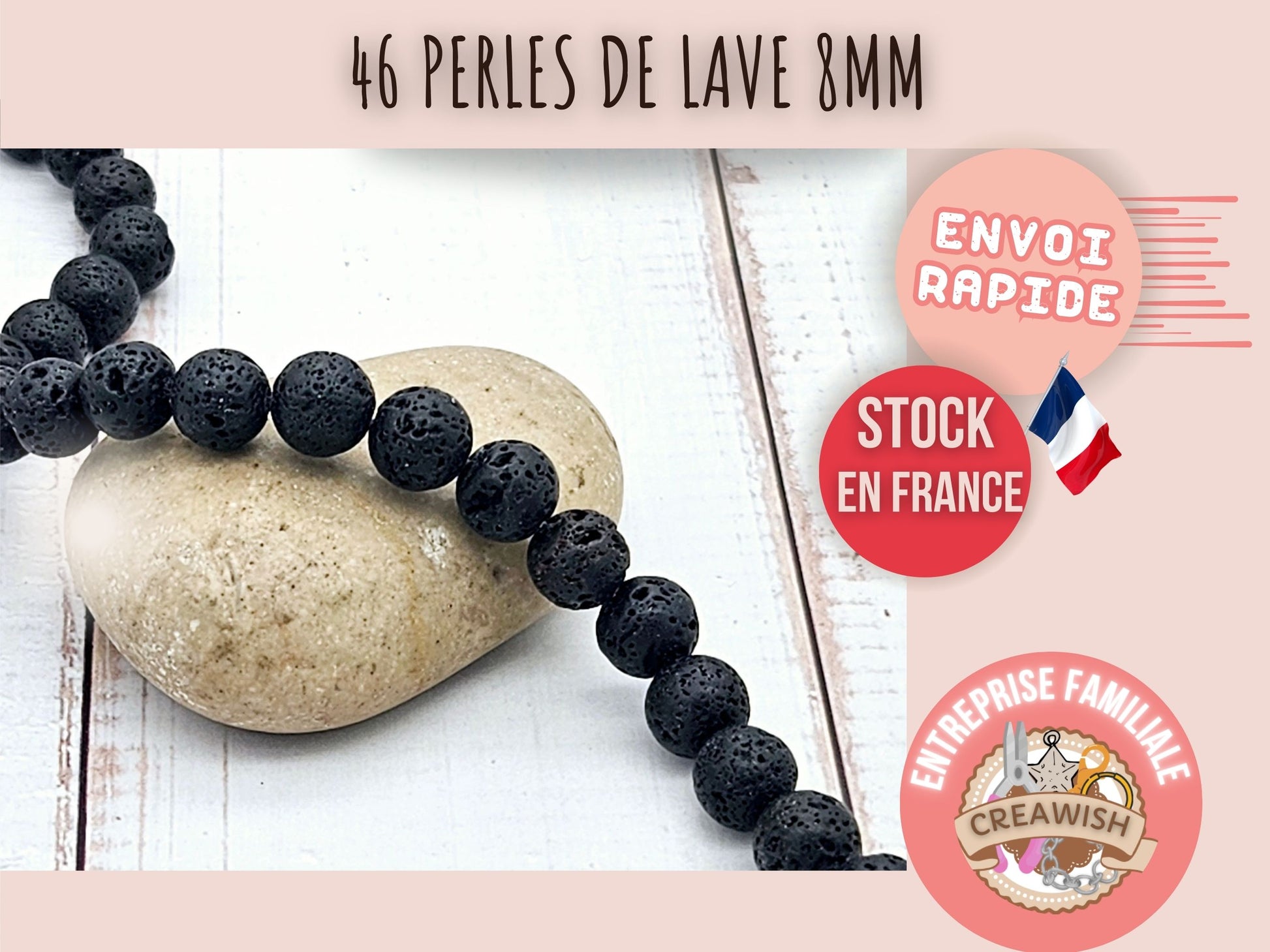 46 perles de lave rondes noires 8mm