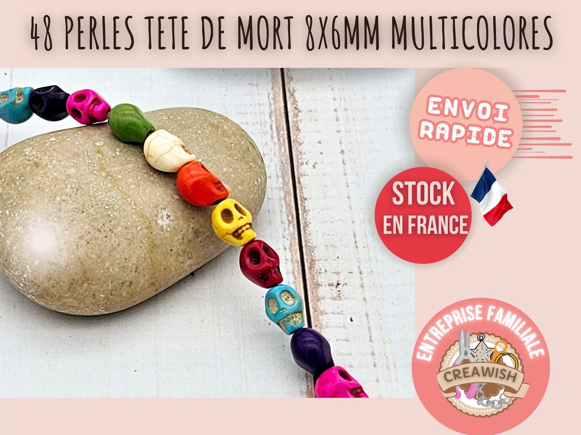 48 perles tête de mort multicolores 8x6mm