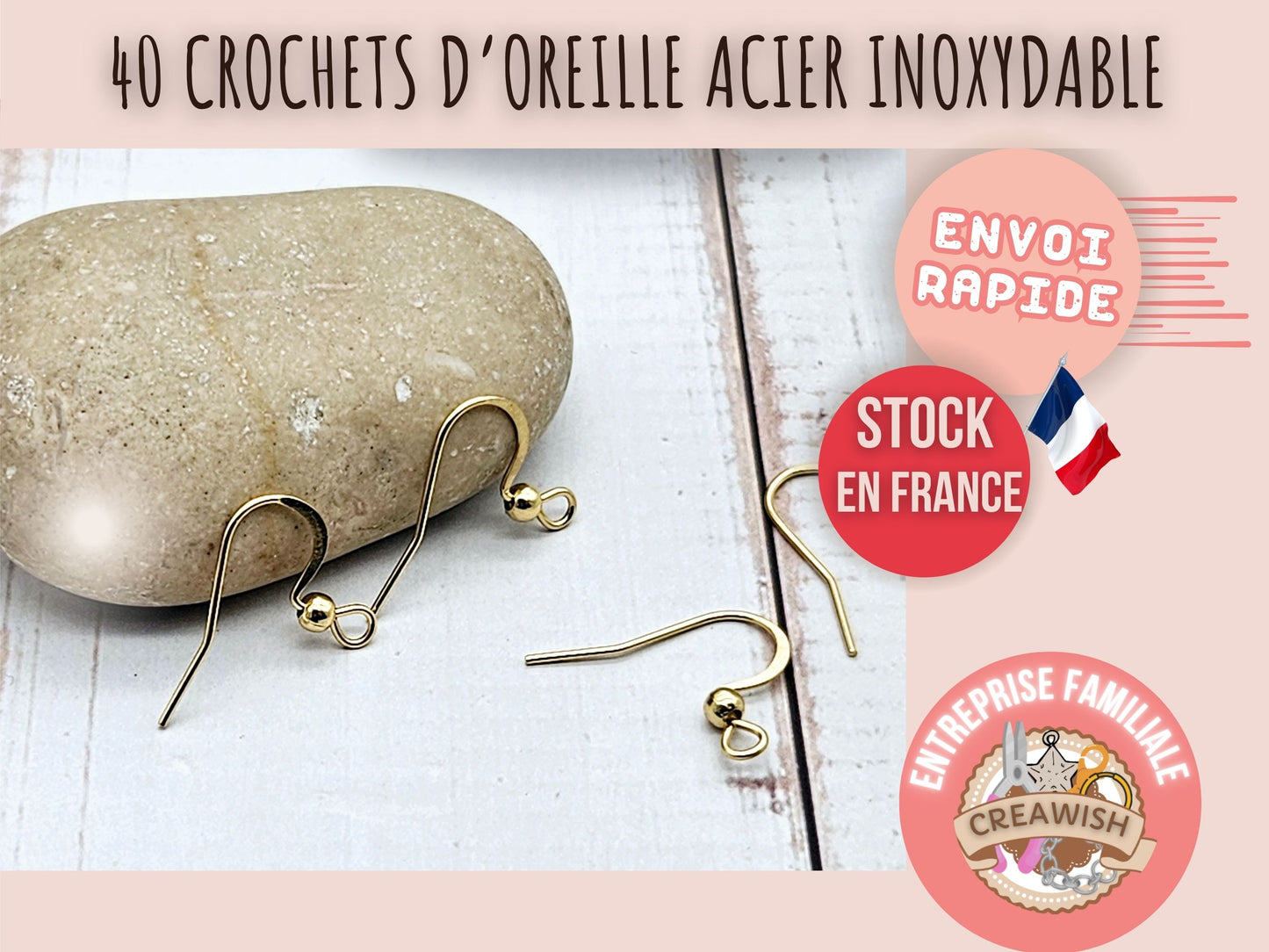 40 crochets d'oreilles acier inoxydable plaqué or