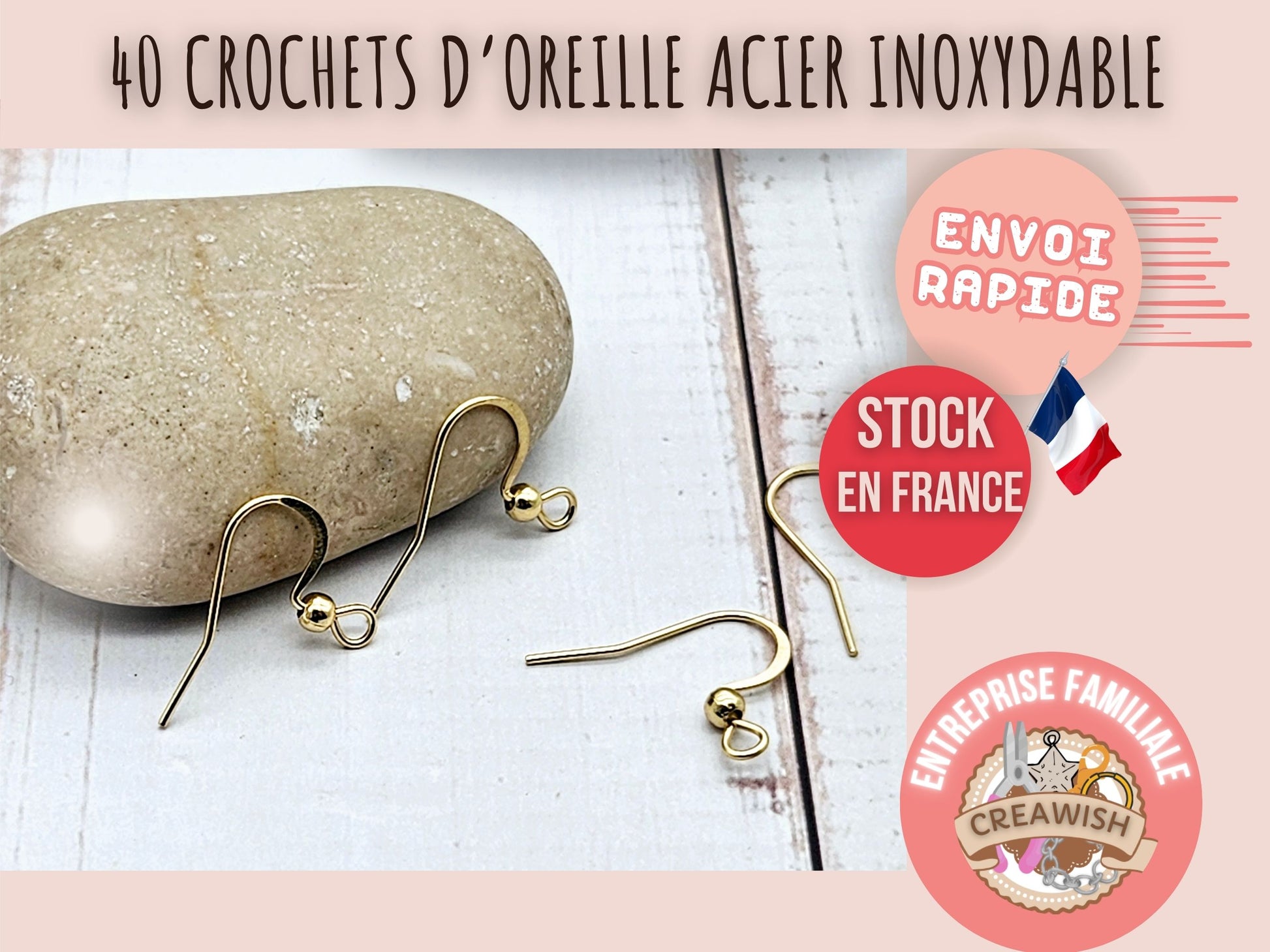 40 crochets d'oreilles acier inoxydable plaqué or