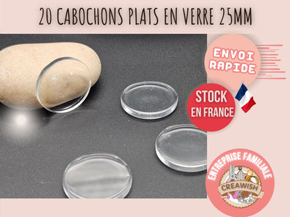 20 cabochons plats en verre 25mm