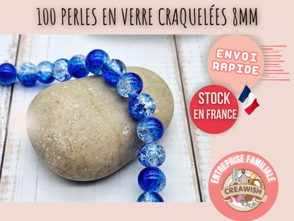 100 perles en verre craquelées bleues et transparentes 8mm