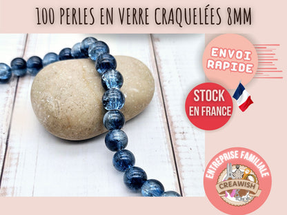 100 perles en verre craquelées bleu marine 8mm