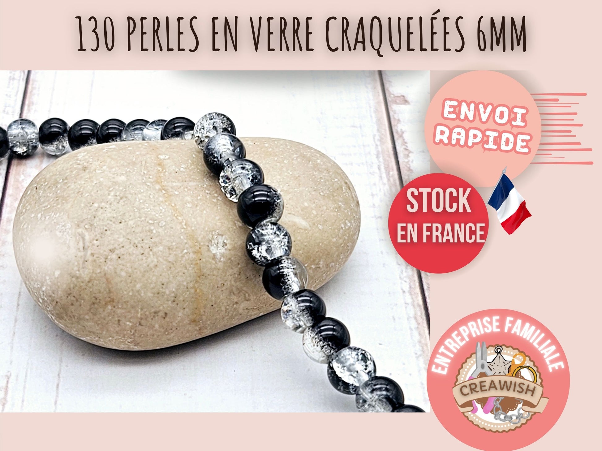 130 perles en verre craquelées noires et transparentes 6mm