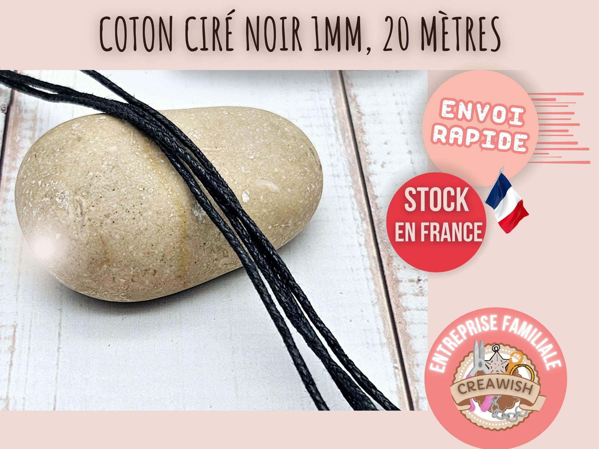 Cordon en coton ciré noir 1mm - 20 mètres