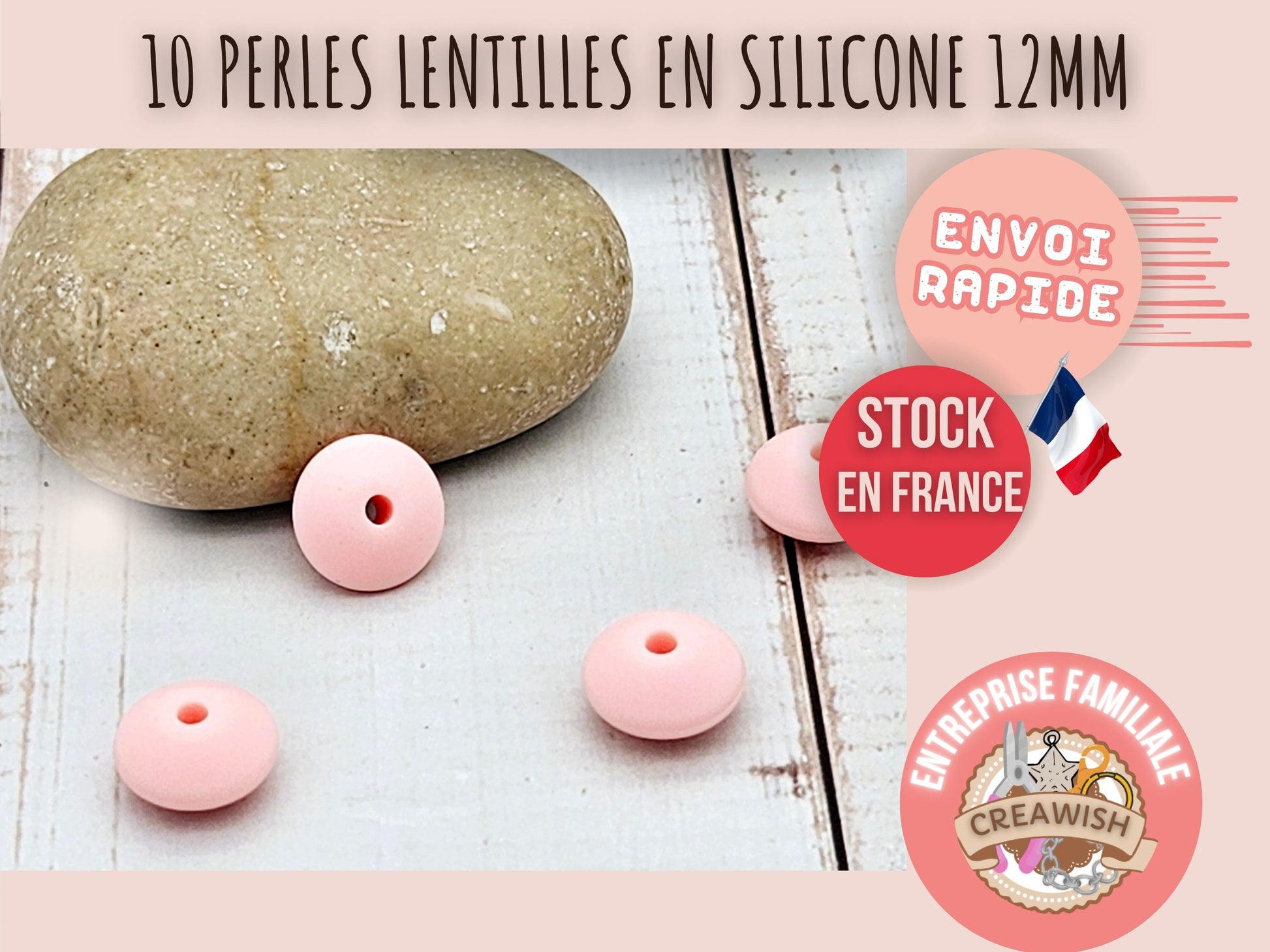10 perles lentilles en silicone 12mm rose pastel