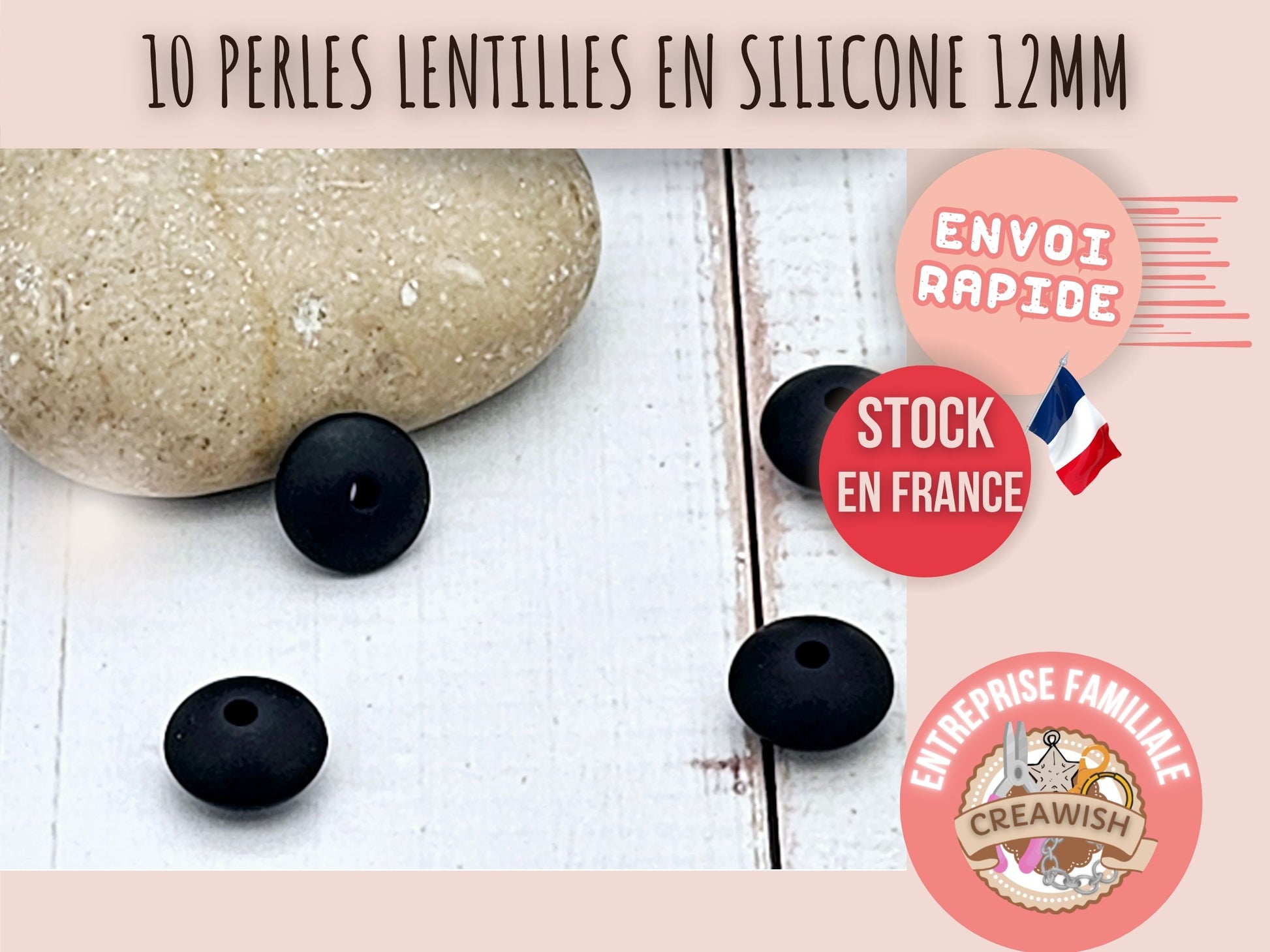 10 perles lentilles en silicone 12mm noir