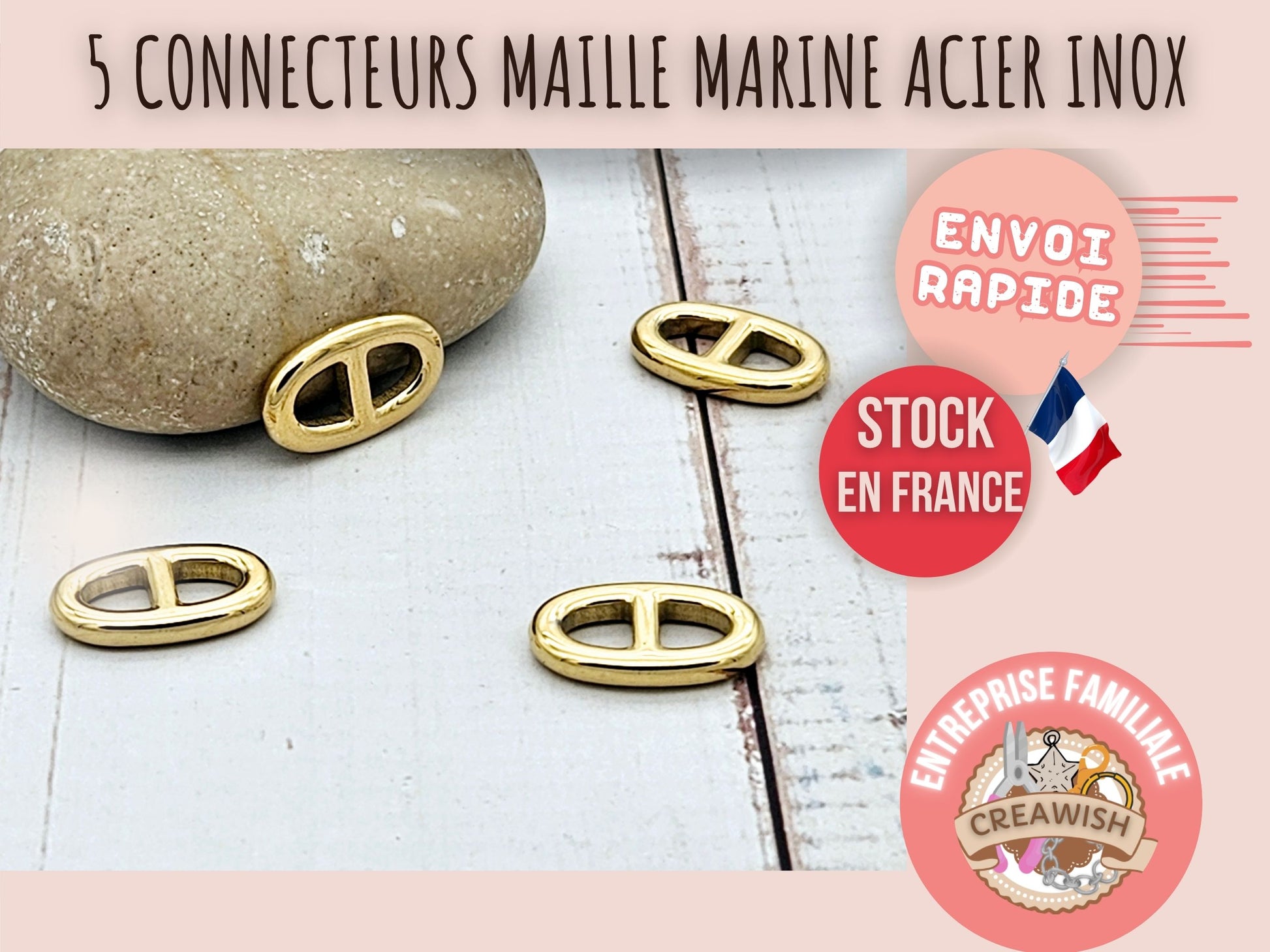 5 connecteurs maille marine acier inoxydable doré