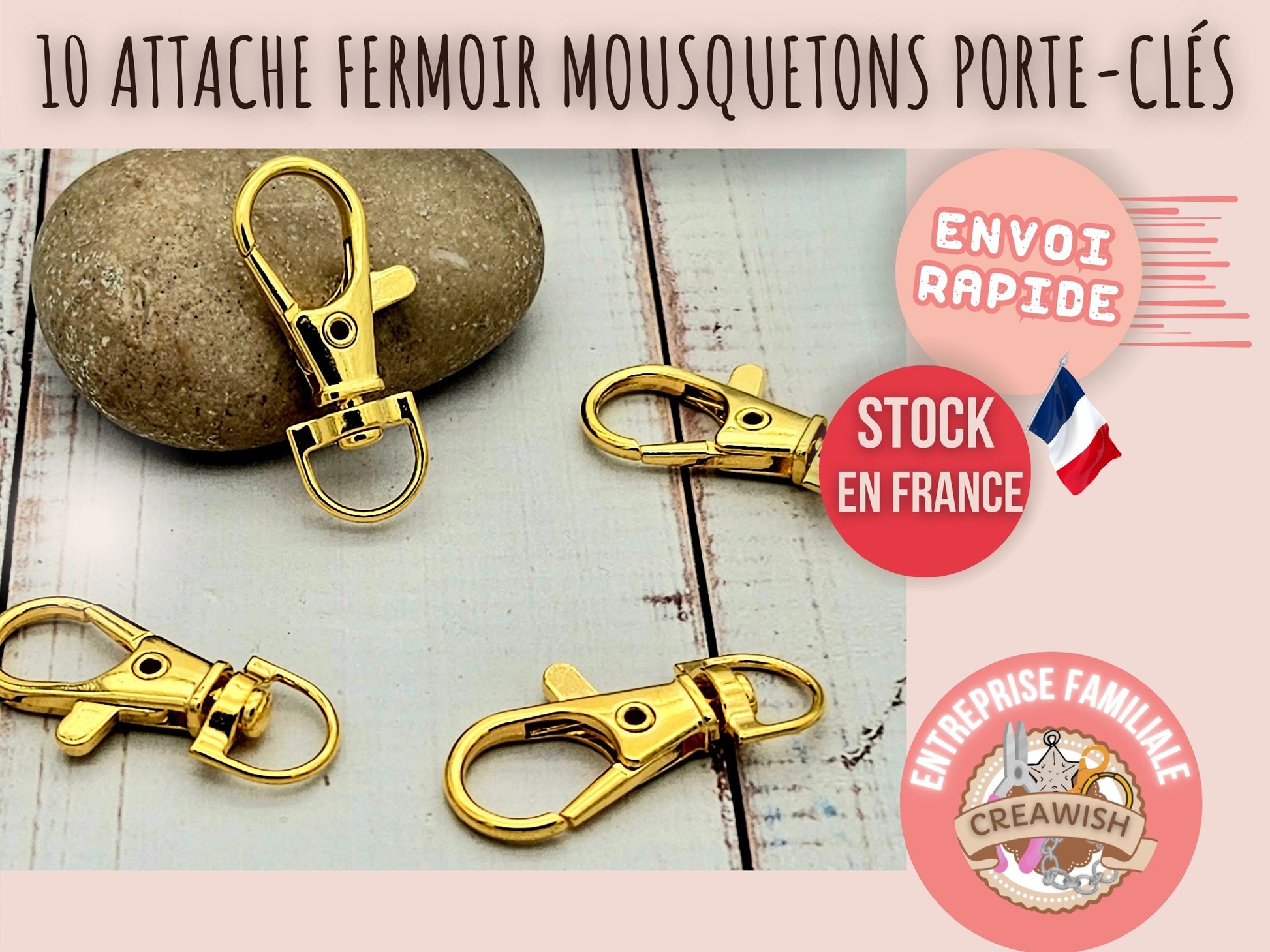 10 attache fermoir mousqueton porte-clés dorés 35mm
