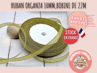 Ruban organza 10mm or pailleté, 22 mètres