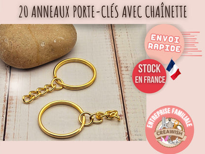 20 anneaux porte-clés avec chaînette – Coloris or