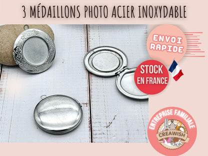 3 médaillons photo plateau cabochon 20mm acier inoxydable