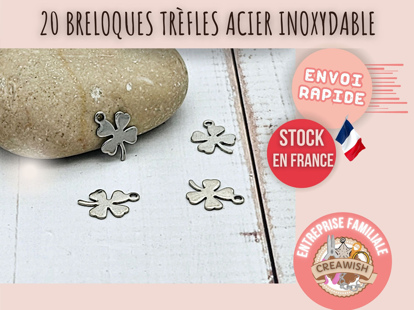 20 breloques trèfles acier inoxydable