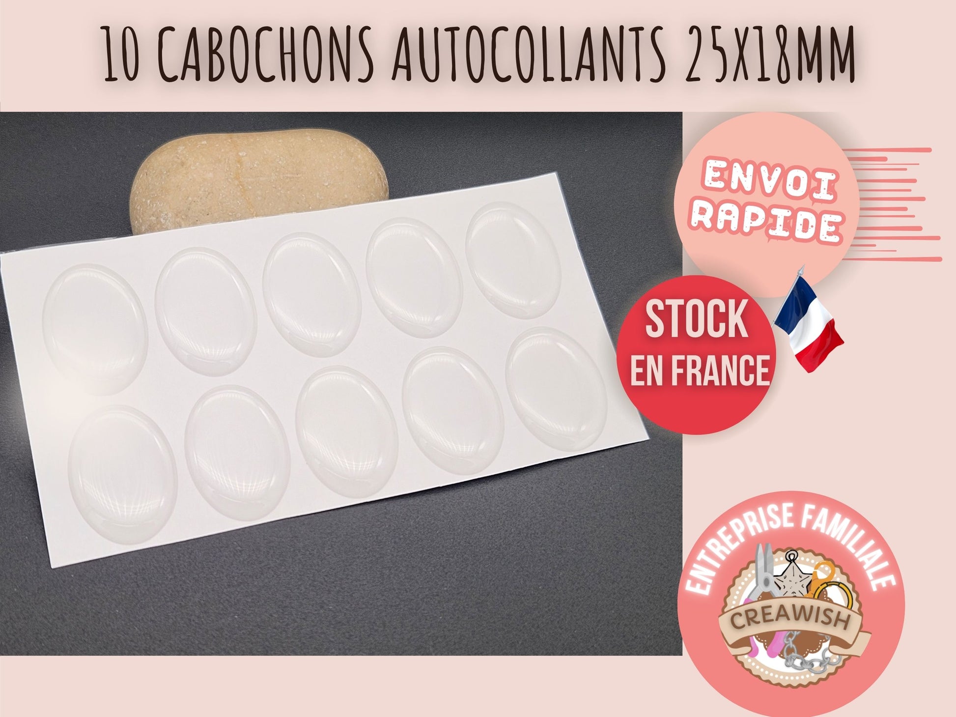10 cabochons autocollants ovales 25x18 mm en résine époxy