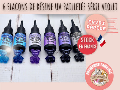 6 flacons de résine UV pailletée série violette
