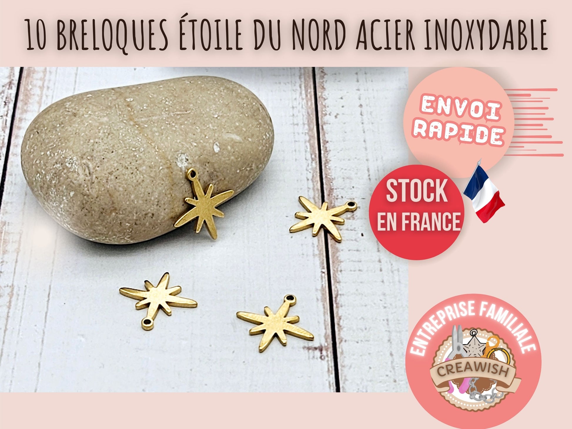 10 breloques étoile du nord acier inoxydable doré