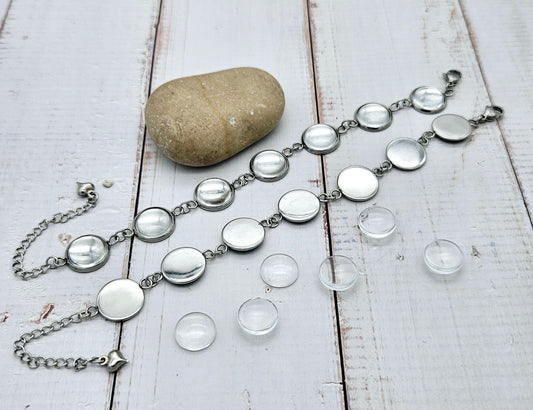 2 bracelets 7 plateaux cabochon 12mm acier inoxydable