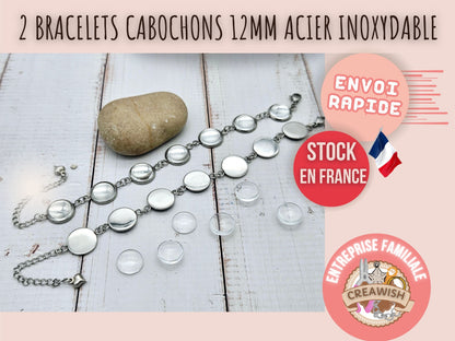 2 bracelets 7 plateaux cabochon 12mm acier inoxydable