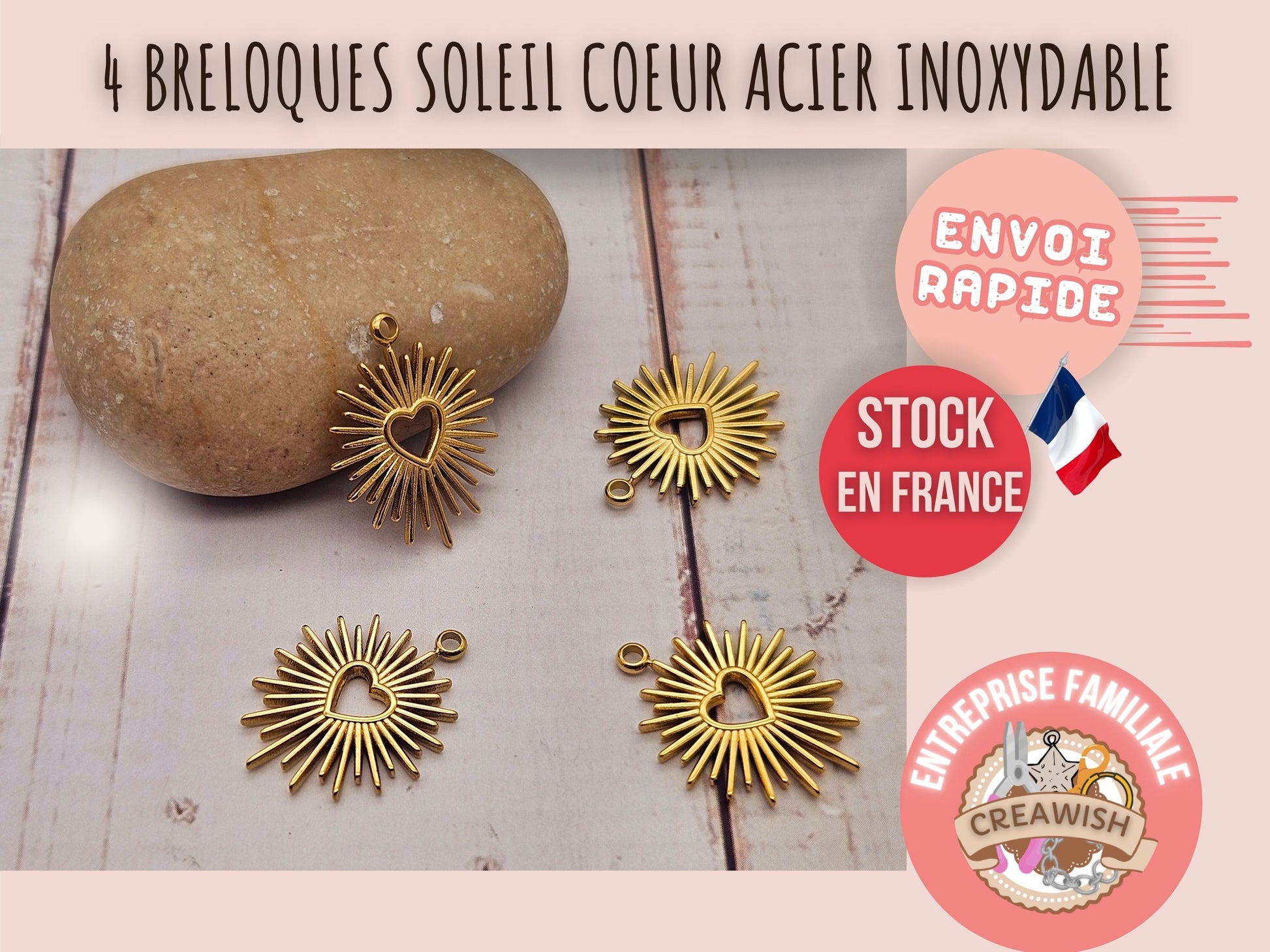 4 breloques soleil coeur acier inoxydable doré