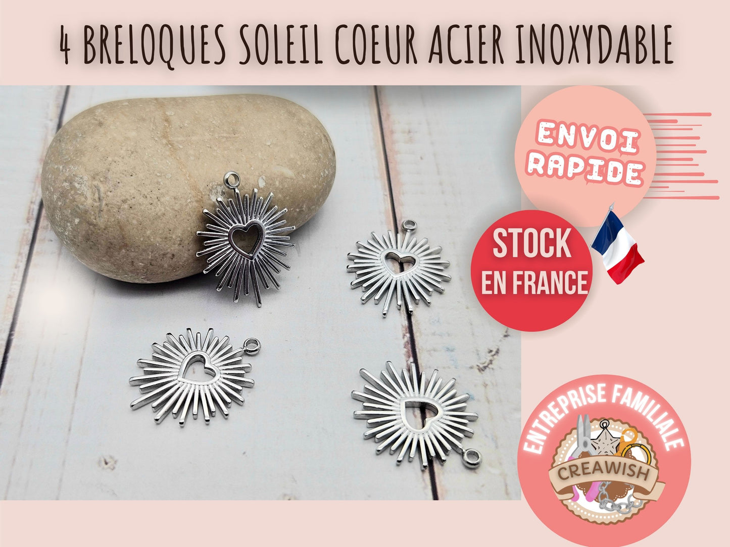 4 breloques soleil coeur acier inoxydable