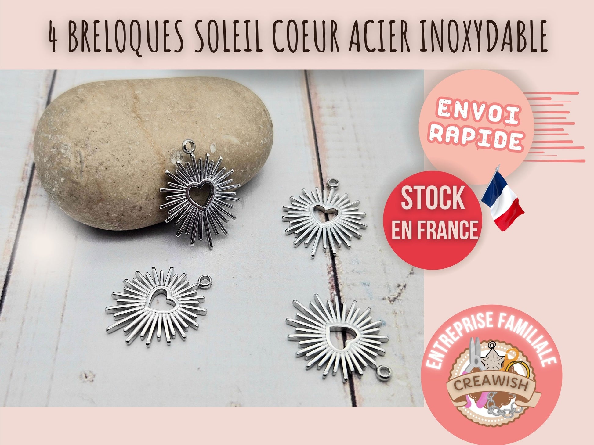 4 breloques soleil coeur acier inoxydable
